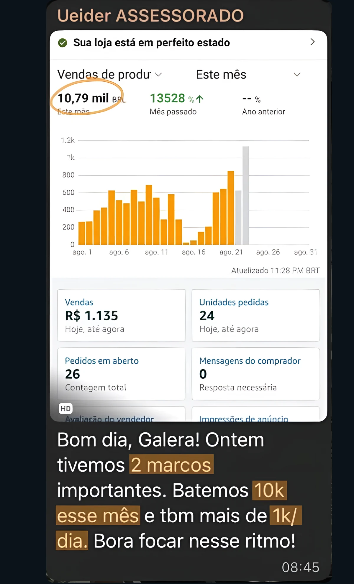 Ueider: R$ 10,79 mil em vendas no mês. “Batemos 10k esse mês e tbm mais de 1k/dia.”